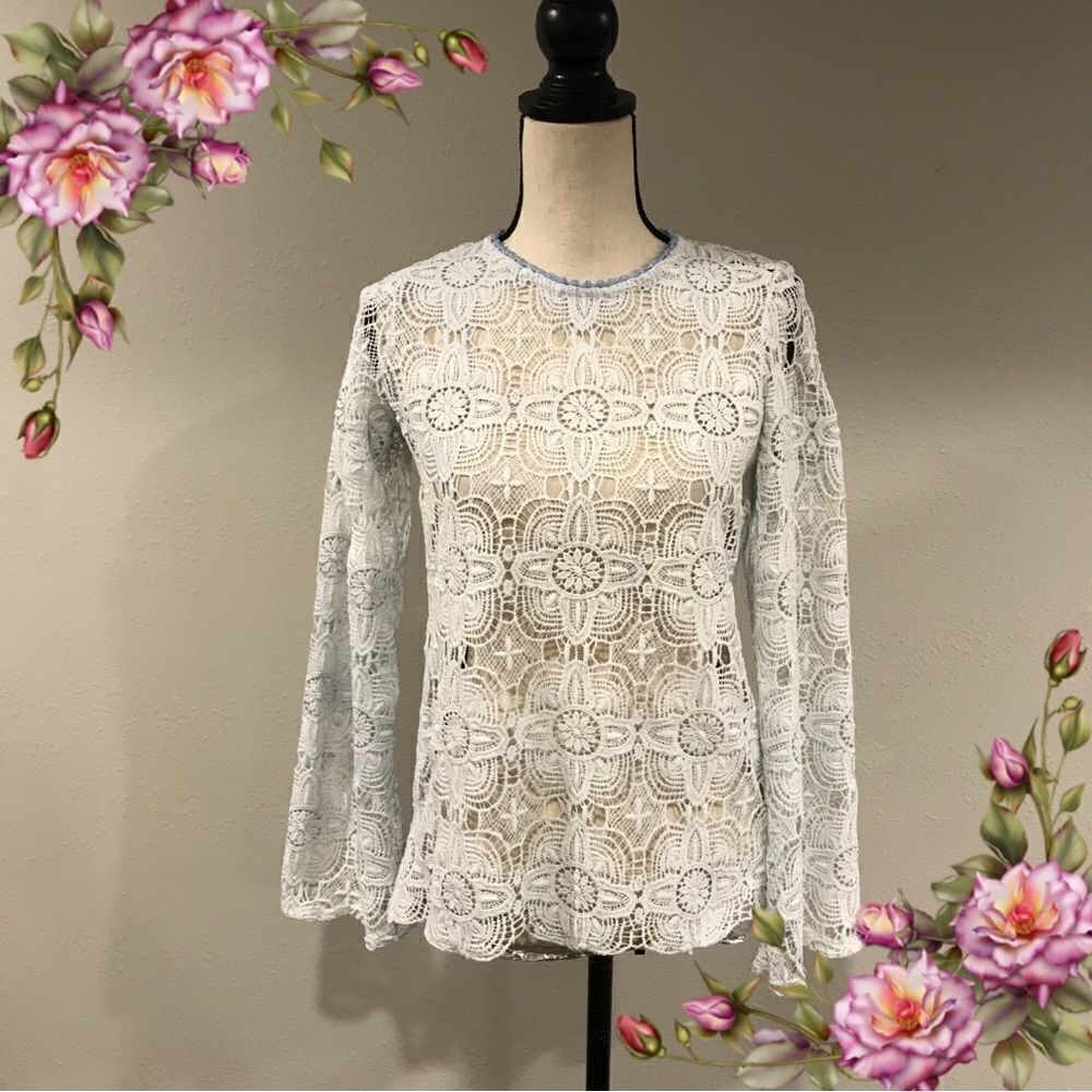‎Long sleeve faded blue lace see through top
